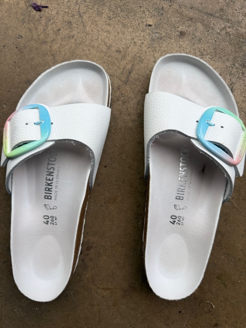 Birkenstock women’s  White Slide Sandals with Pastel Rainbow Buckles GUC